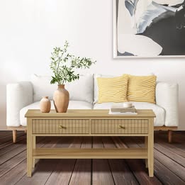 CTB-PRIN-WD Oikiture Coffee Table Rectangle Table Side Storage Drawers Shelving Natural