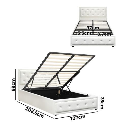 BF-B-ENZO-KS-WH-ABC Oikiture King Single Bed Frame with Storage Space Gas Lift White