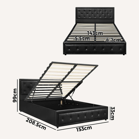 BF-B-ENZO-Q-BK-ABC Oikiture Queen Bed Frame with Storage Space Gas Lift Black