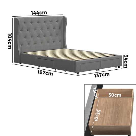 BF-B-HEMI-D-GY-ABCD Oikiture Bed Frame Double Size Base With Storage Drawers