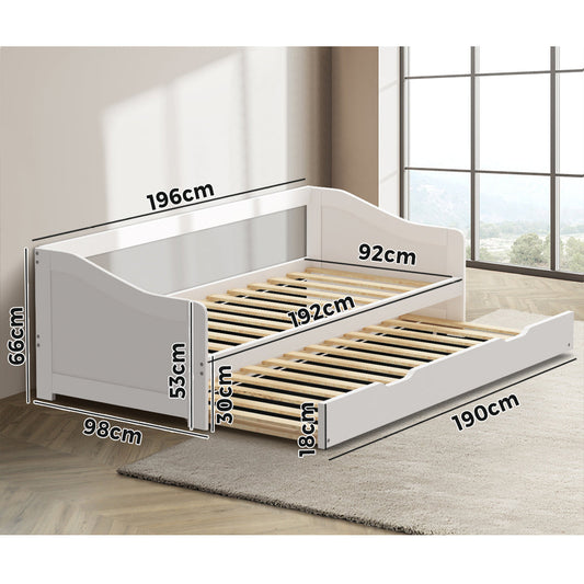 BF-W-A7-T1-WH-AB Oikiture Trundle Bed Frame Daybed Single Size Wooden