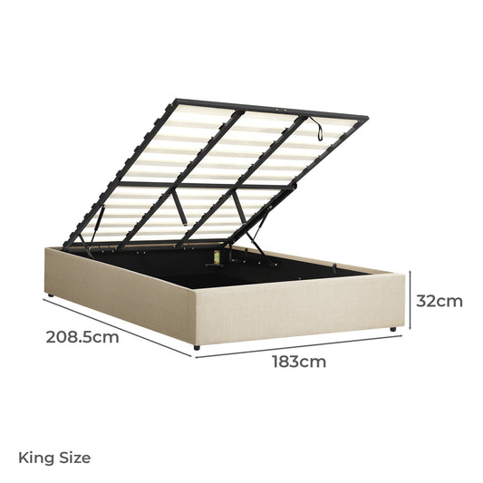 BF-B-TOTI-K-BG-AB Oikiture King Size Bed Frame Gas Lift Bed Base with Storage Beige