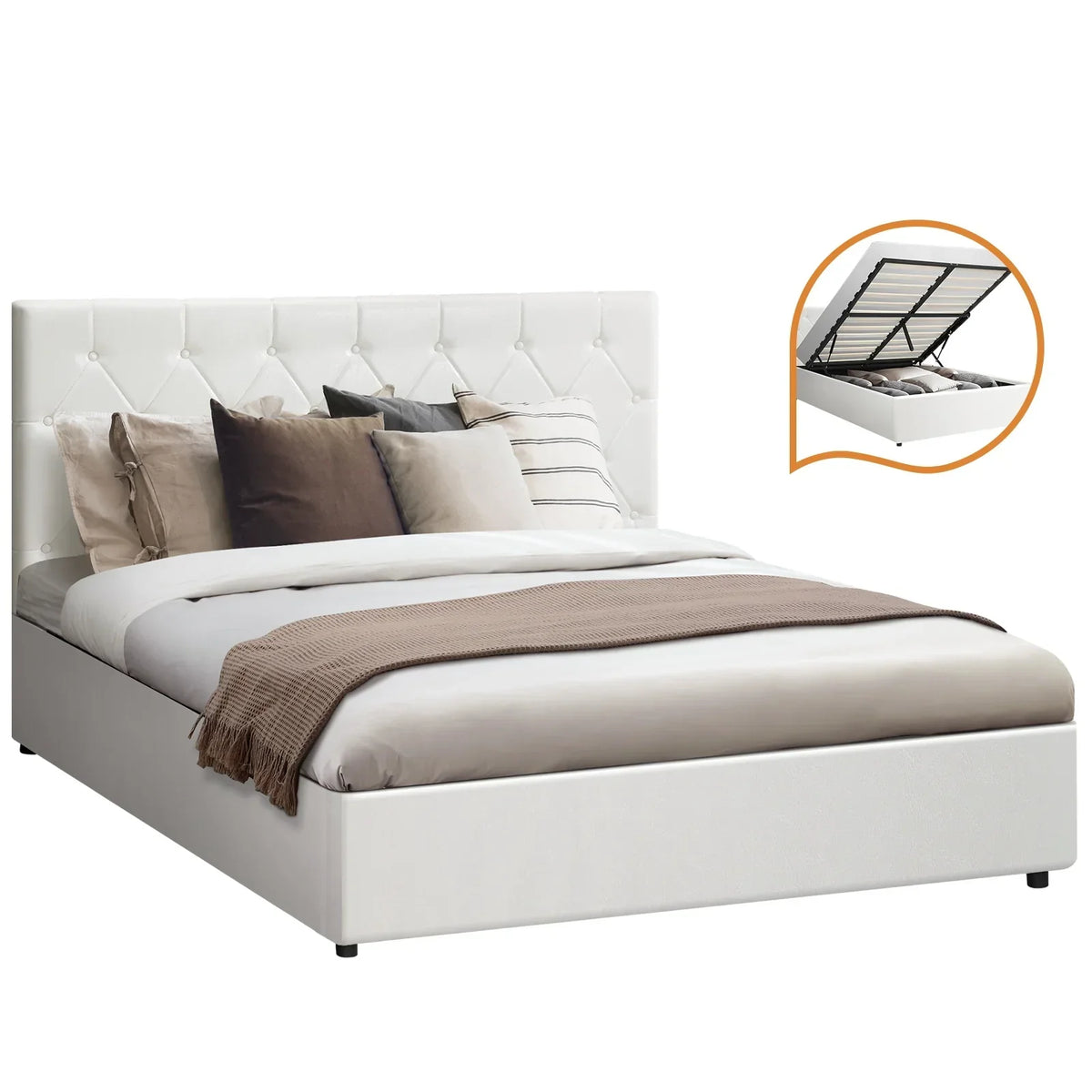 BF-B-COTI-D-WH-ABC Oikiture Bed Frame Double Size Gas Lift Storage Base White Leather COTI