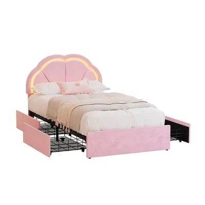 BF-C-SHELL-KS-PK Oikiture King Single Size Bed Frame LED Shell Headboard with Drawers Velvet Pink