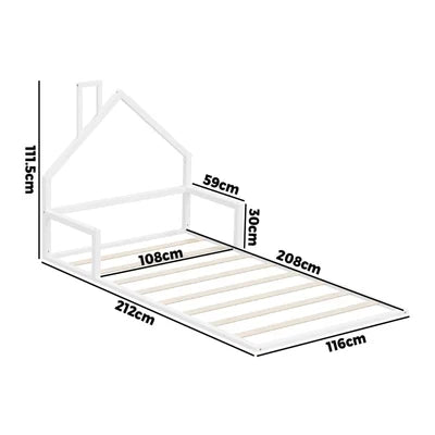 BF-W-B-HAMM-KS-WH Oikiture Wooden Kids Bed Frame Floor Beds Chimney Platform King Single White