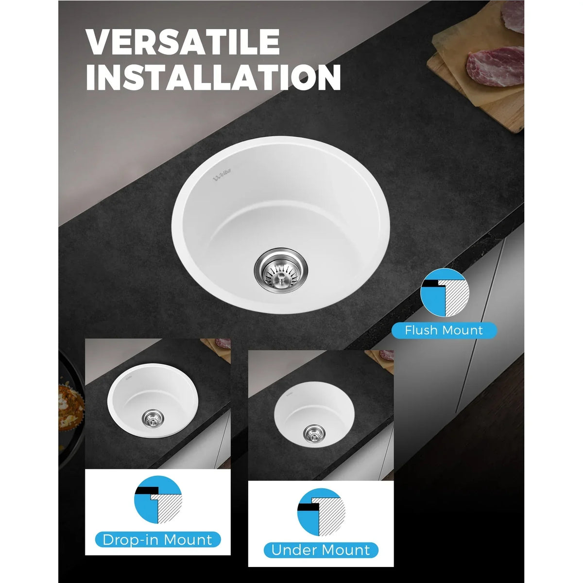 GSK-430R-WH Kitchen Granite Sink Stone Bathroom Basin Sink Single Bowl Under/Top Mount