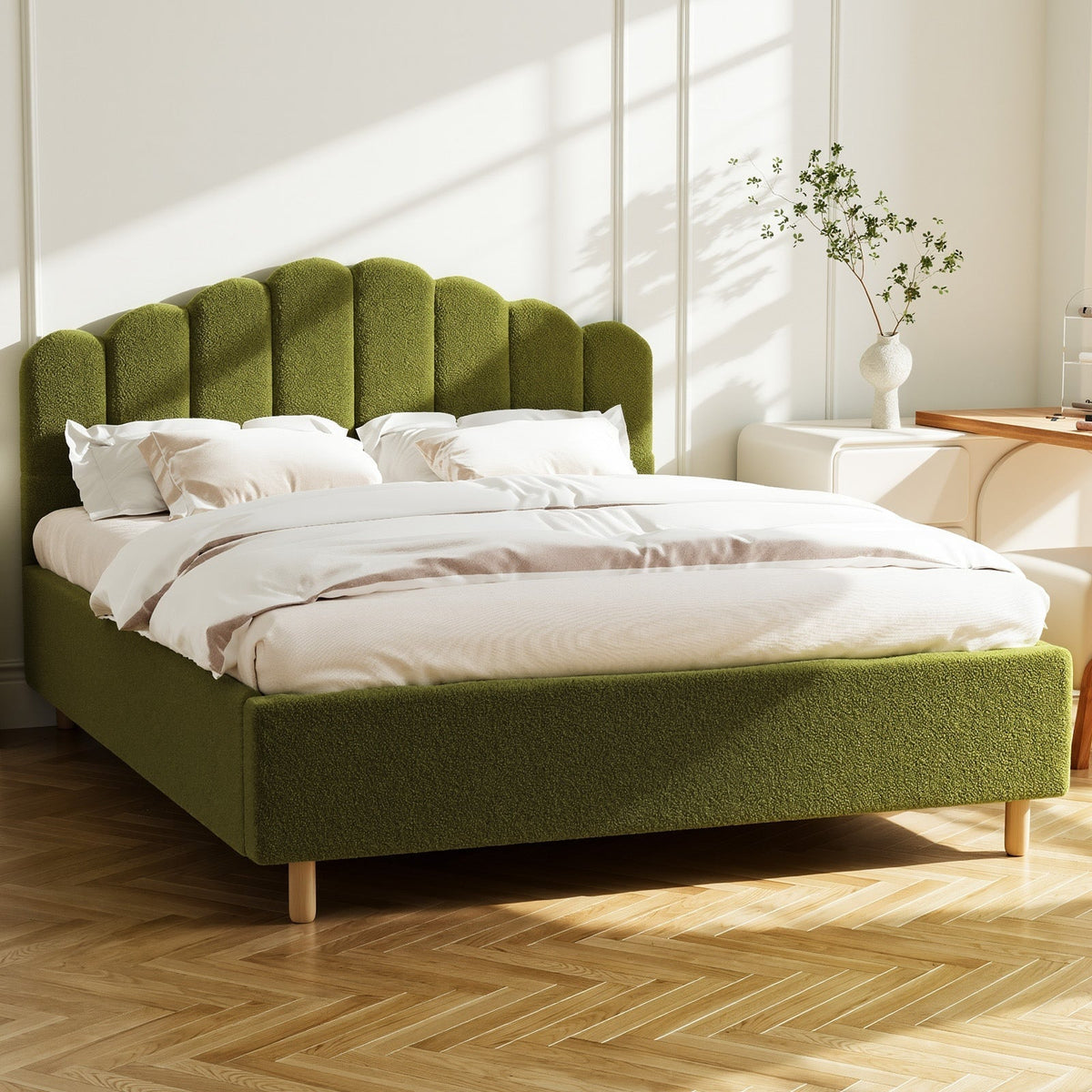Oikiture Bed Frame Queen Size Stripe Headboard Wooden Slats Base Boucle Green