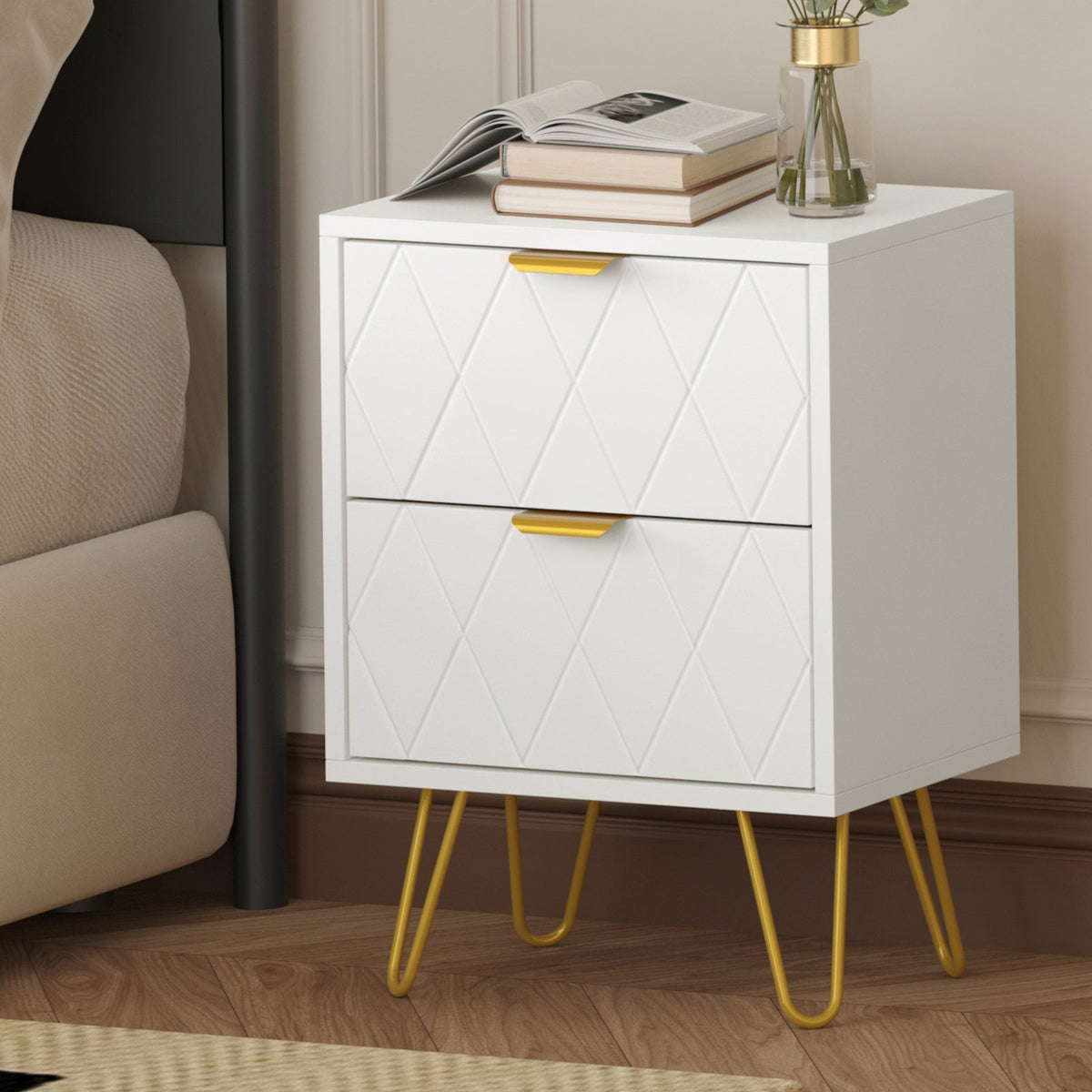 Oikiture Bedside Table 2 Drawers Gold Metal Nightstand Storage Cabinet White