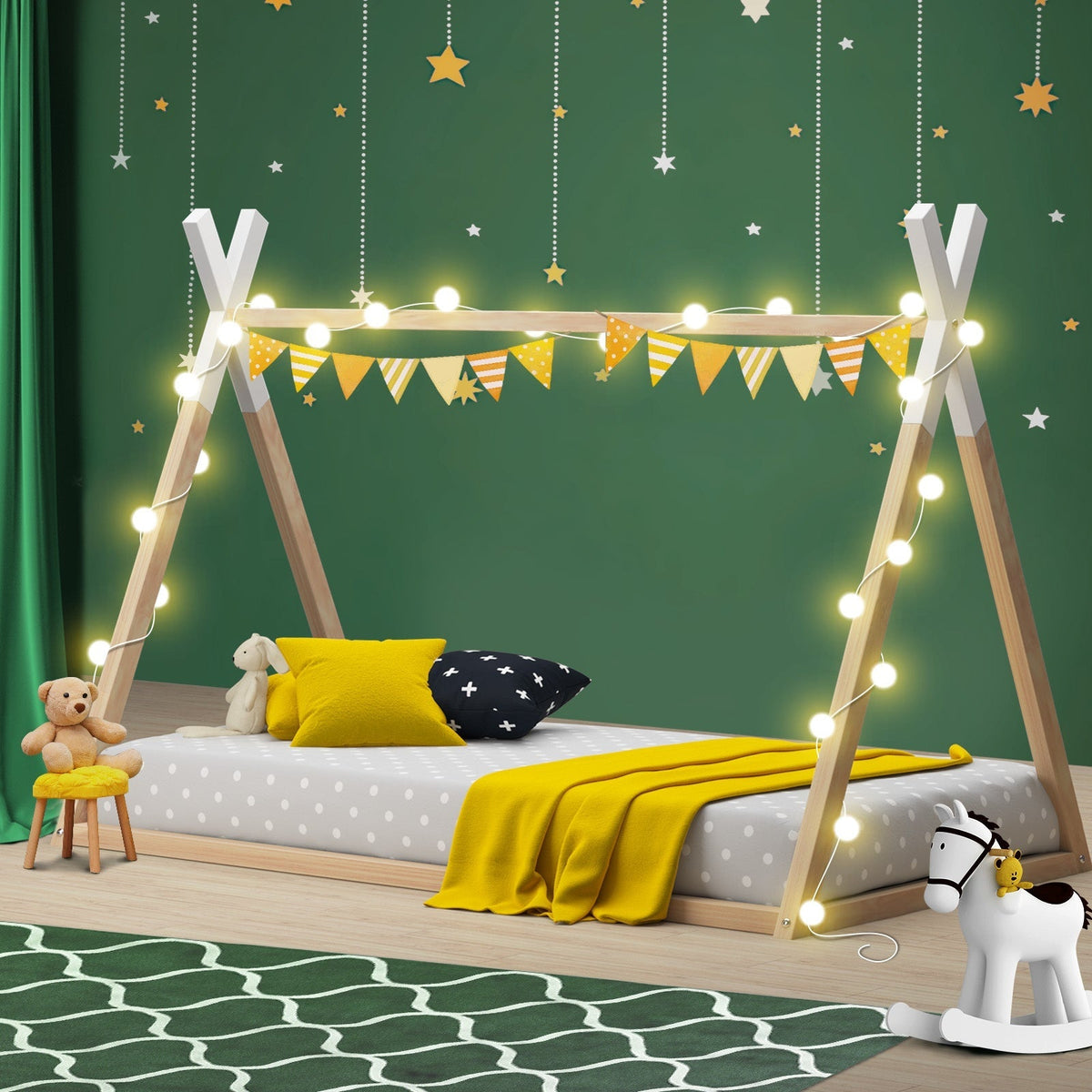 Oikiture Wooden Bed Frame Single Timber Teepee Bedframe Mattress Base Platform