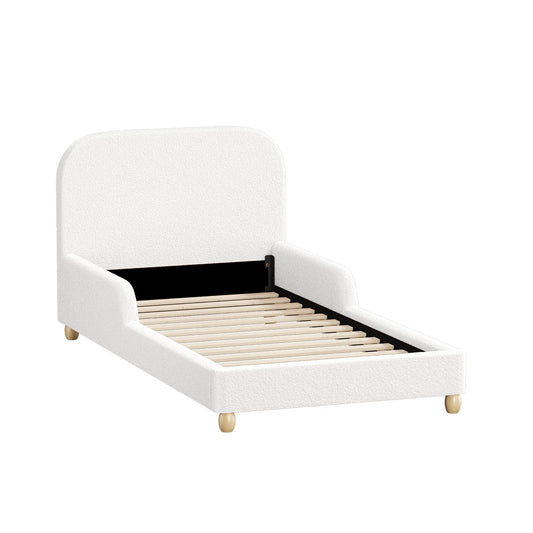 Oikiture Kids Bed Frame Single Size Base with Side Guard Rails Boucle White