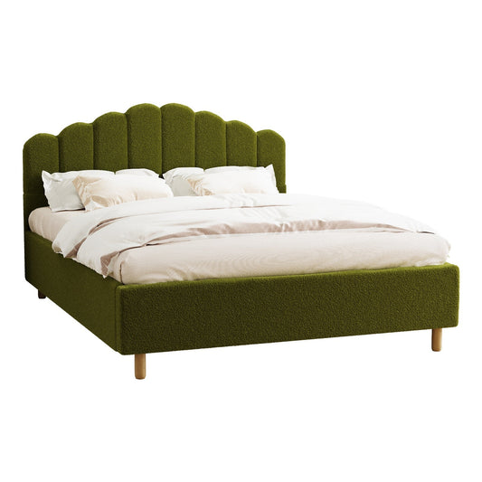 Oikiture Bed Frame Queen Size Stripe Headboard Wooden Slats Base Boucle Green