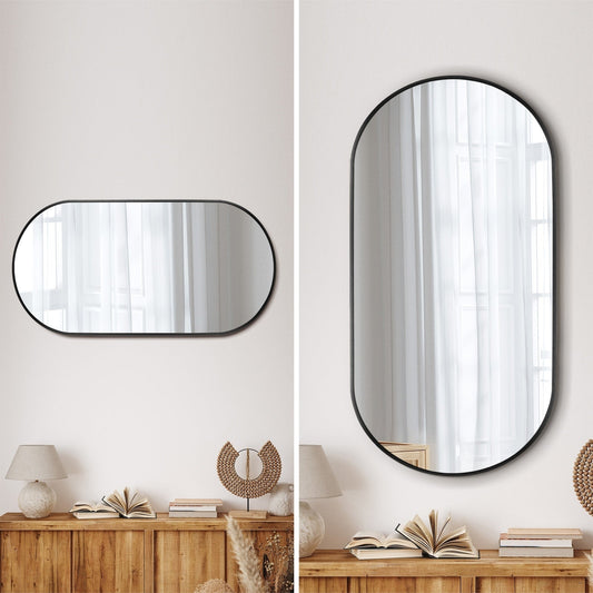 Oikiture Wall Mirrors Oval Makeup Mirror Bedroom Home Decor Black 84x50cm