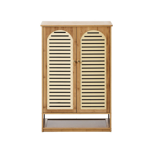Oikiture Shoe Storage Cabinet 2 Doors Bamboo Shoe Organiser Shelf Beige
