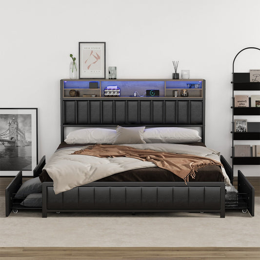 Oikiture Queen Double King Single Bed Frame with LED Headboard 2 Drawers USB