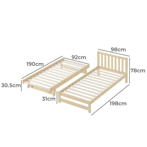 BF-W-A11-T2-WD-AB Living Fusion Yesenia Pine Wood Single Bed with Trundle