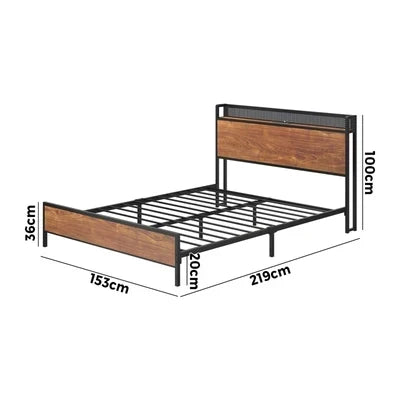 MBF-E-GAEL-Q-BK-AB Oikiture Metal Bed Frame Queen Size LED Light USB Charge Storage Headboard