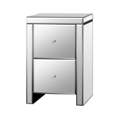 MF-BT-VICO-2D-SI Oikiture Mirrored Storage Cabinet Bedside Table End Table w/ Acrylic Handles