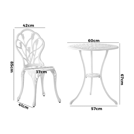 OPS-AL-TULIP-WH Livsip 3 Piece Outdoor Furniture Setting Chairs Table Bistro Patio Dining Set