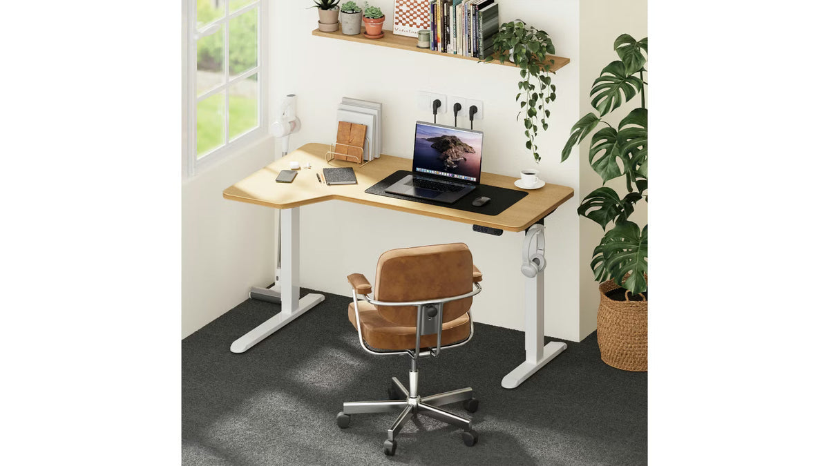 SD-LEG-L145M-WH+DB-SLIM-L145-OAK Oikiture L-shape Electric Standing Desk Single Motor White Frame Oak Top 145CM Desktop