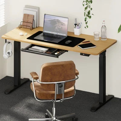 SD-LEG-M2-BK+DB-15-OAK+DB-DRAW-PLS-BK Oikiture 150cm Electric Standing Desk with Drawer Height Adjustable Black Oak