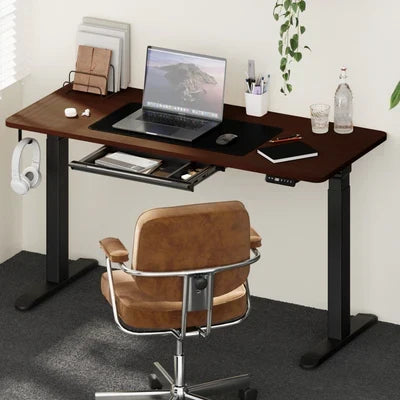 SD-LEG-M2-BK+DB-15-WN+DB-DRAW-PLS-BK Oikiture 150cm Electric Standing Desk with Drawer Height Adjustable Black Walnut