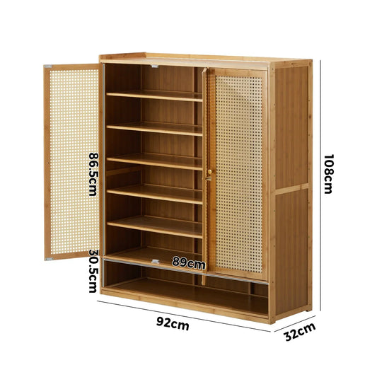 SS-BM-RTN-3D-WD Oikiture Brand New Shoe Cabinet with 3 Rattan Doors 6 Shelves