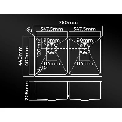 SSK-C-7644D-SI Welba Kitchen Sink Stainless Steel Basin Double Under/Top/Flush Mount 76X44CM