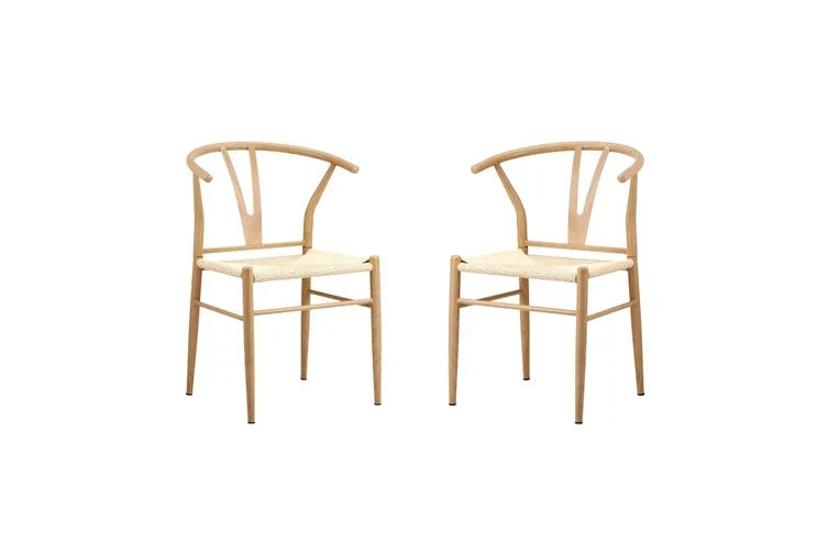 DCH-YCH-MET-WD-2PC Oikiture 2x Dining Chair Metal Hans Wegner Chair Wishbone Cafe Lounge Beige