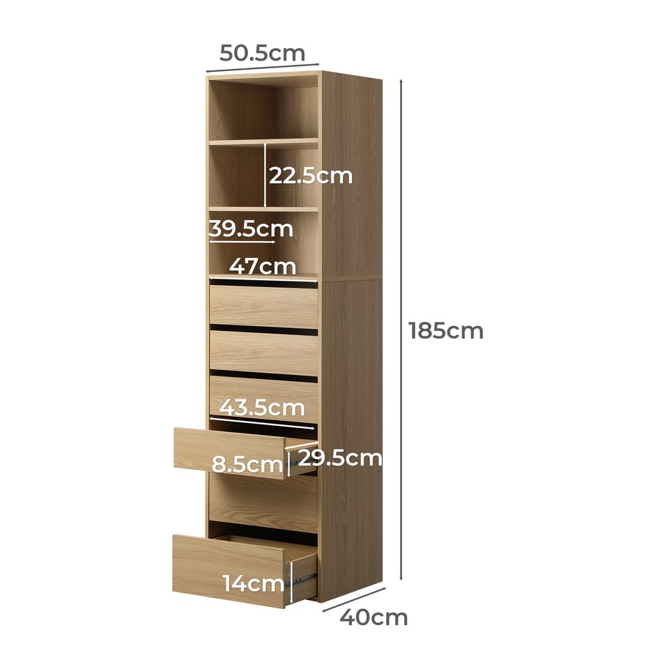 WA-MEXI-H6D-WD-AB Natural Cassandra 6 Drawer 3 Shelf Wardrobe