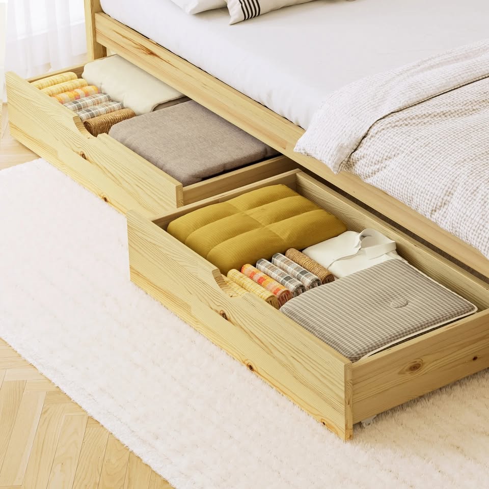 BF-W-B-2DRAW-WD Oikiture 2x Trundle Drawers for Bed Frame Base Storage with Wheels Wooden