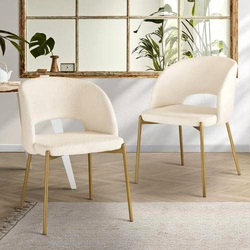 DCH-SURA-WHGD-2PC Oikiture Dining Chair Set of 2 Sherpa Kitchen Chair White and Gold