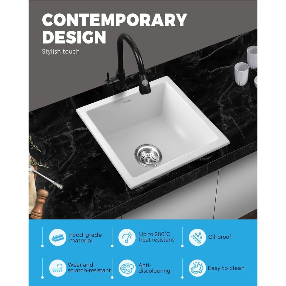 GSK-4641-WH Welba Kitchen White Sink 460x410mm Granite Stone Laundry Basin Under/Top Single Bowl