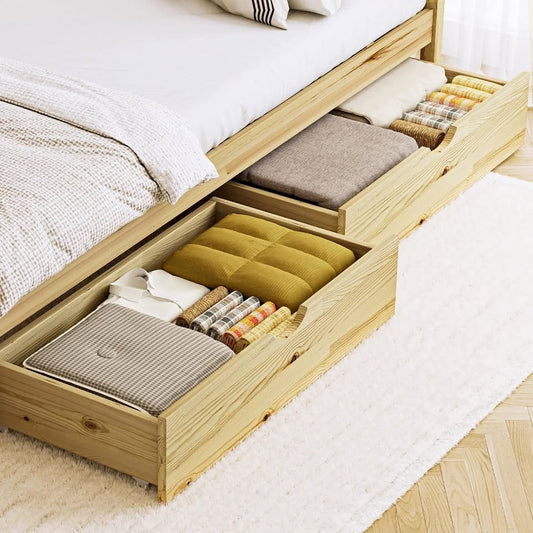 BF-W-B-2DRAW-WD Oikiture 2x Trundle Drawers for Bed Frame Base Storage with Wheels Wooden