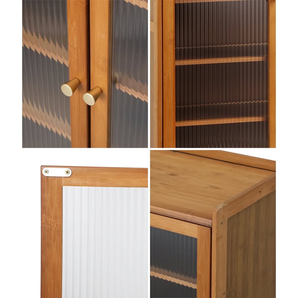SS-BM-FLUTED-4D-BR Oikiture Shoe Cabinet Shoes Storage Rack Organiser 4 Doors Shelf Brown