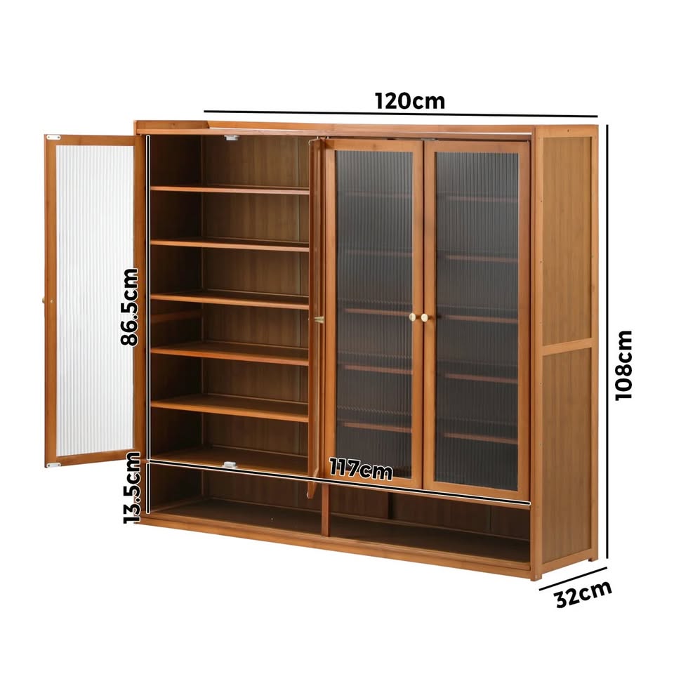 SS-BM-FLUTED-4D-BR Oikiture Shoe Cabinet Shoes Storage Rack Organiser 4 Doors Shelf Brown