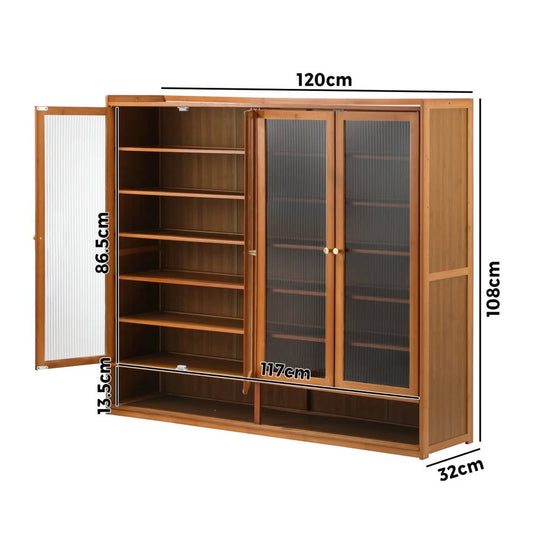 SS-BM-FLUTED-4D-BR Oikiture Shoe Cabinet Shoes Storage Rack Organiser 4 Doors Shelf Brown
