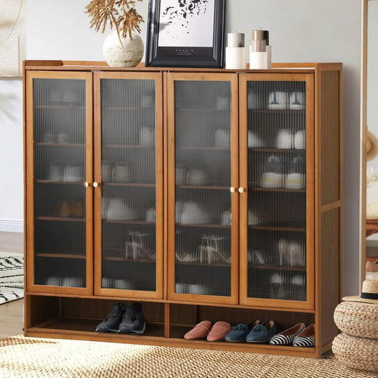 SS-BM-FLUTED-4D-BR Oikiture Shoe Cabinet Shoes Storage Rack Organiser 4 Doors Shelf Brown