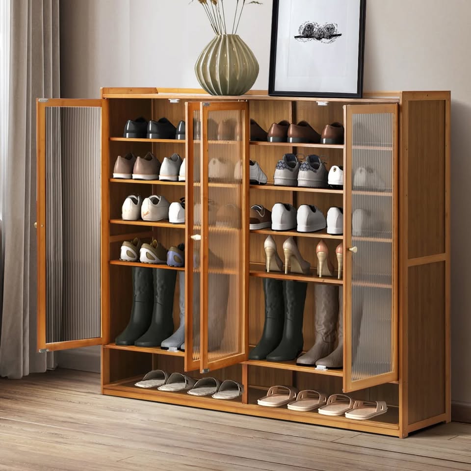 SS-BM-FLUTED-4D-BR Oikiture Shoe Cabinet Shoes Storage Rack Organiser 4 Doors Shelf Brown