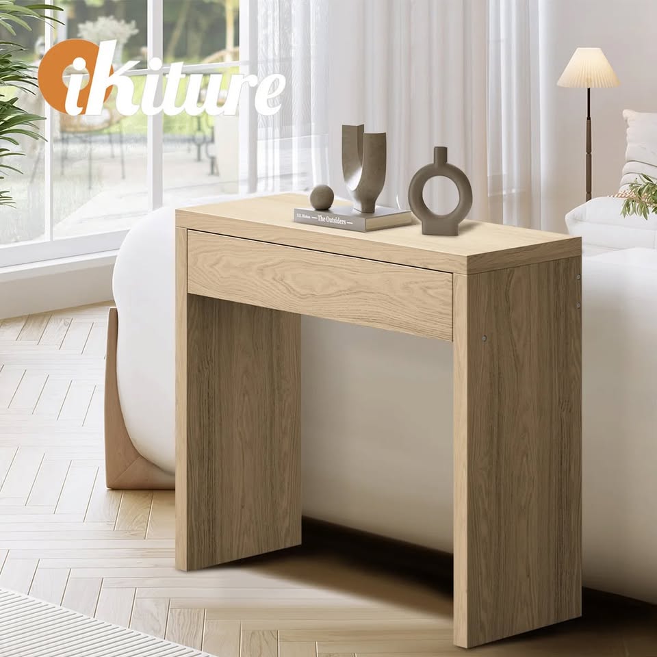 CST-LEAH-WD Oikiture Console Table Wood Sofa Table Hall Side Entry with Drawer Natural
