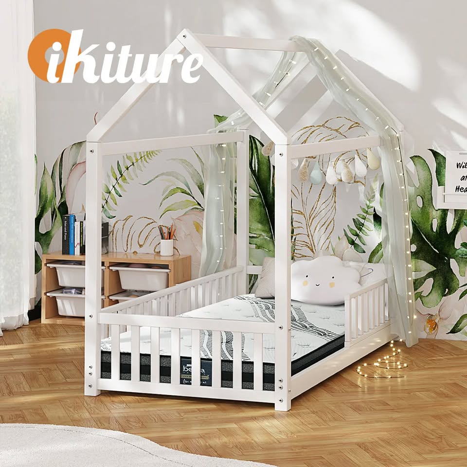 BF-W-A2-WH-AB Oikiture Bed Frame Kids Wooden Single House Style