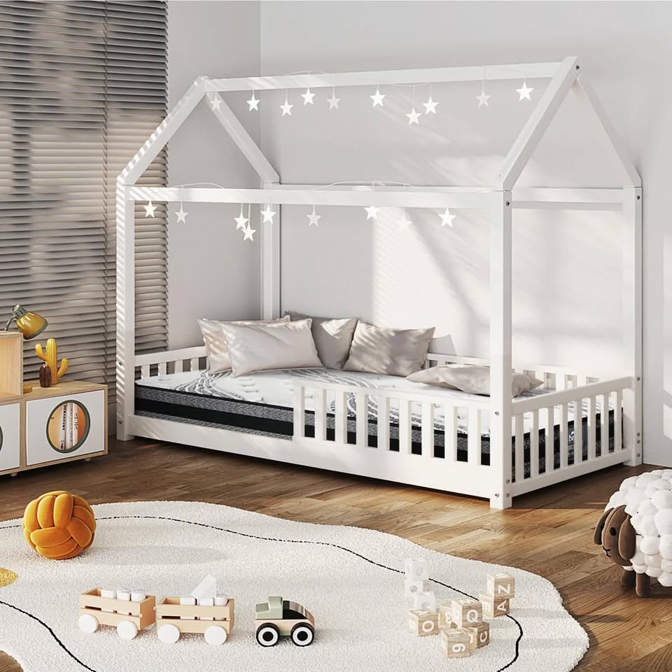 BF-W-A2-WH-AB Oikiture Bed Frame Kids Wooden Single House Style
