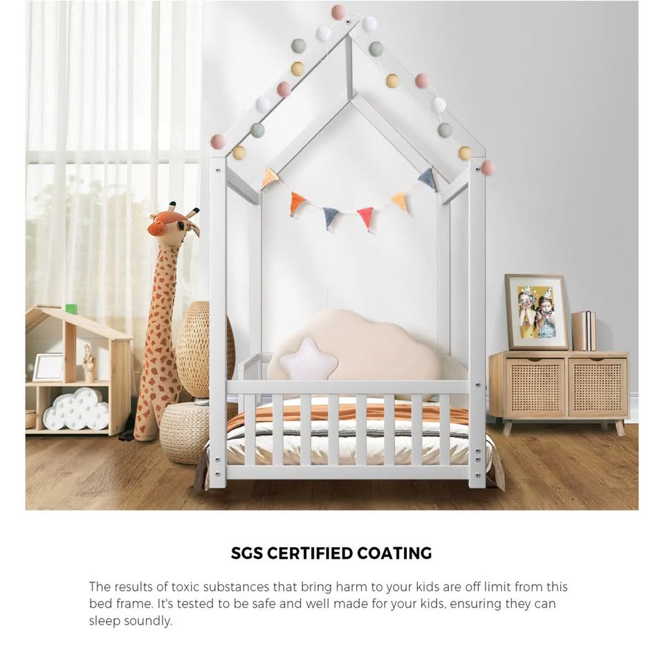 BF-W-A2-WH-AB Oikiture Bed Frame Kids Wooden Single House Style