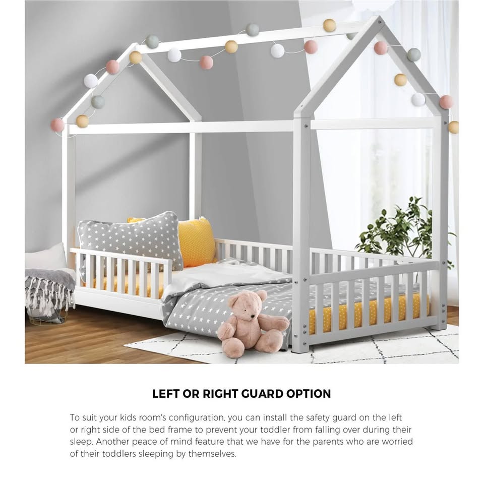 BF-W-A2-WH-AB Oikiture Bed Frame Kids Wooden Single House Style