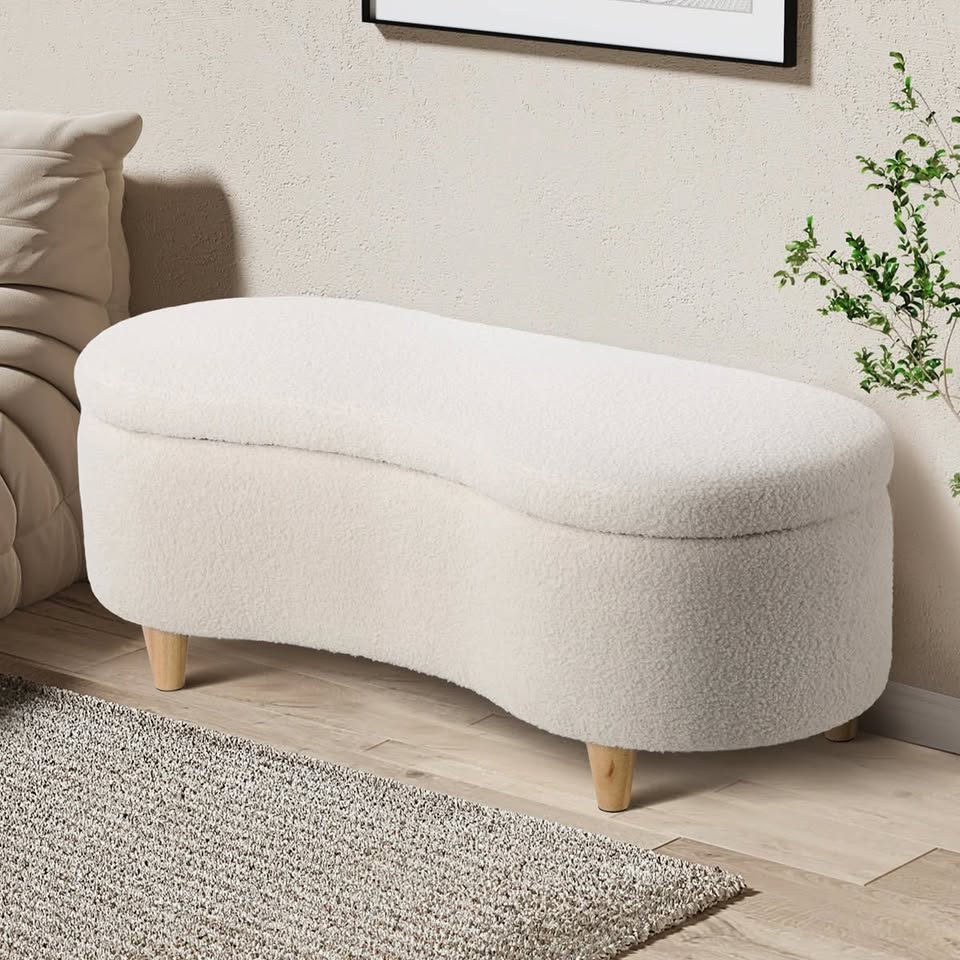 OTM-B-CASHEW-SP-BG Oikiture Storage Ottoman Cashew Foot Stool Teddy Boucle Chest Bench Blanket Box