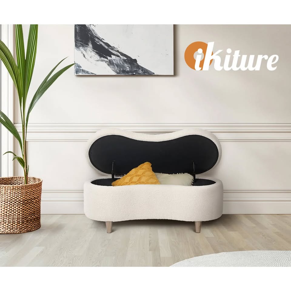 OTM-B-CASHEW-SP-BG Oikiture Storage Ottoman Cashew Foot Stool Teddy Boucle Chest Bench Blanket Box