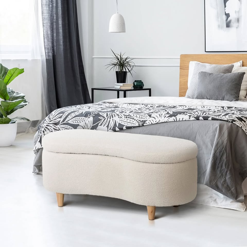 OTM-B-CASHEW-SP-BG Oikiture Storage Ottoman Cashew Foot Stool Teddy Boucle Chest Bench Blanket Box