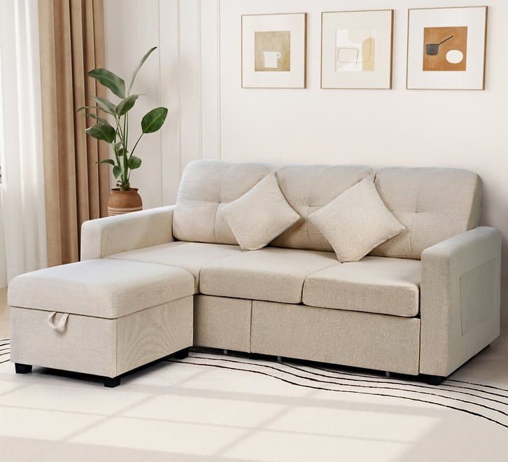 SOF-NICO-BE-ABC Beige Color 3 Seater Chaise Sofa with Ottoman