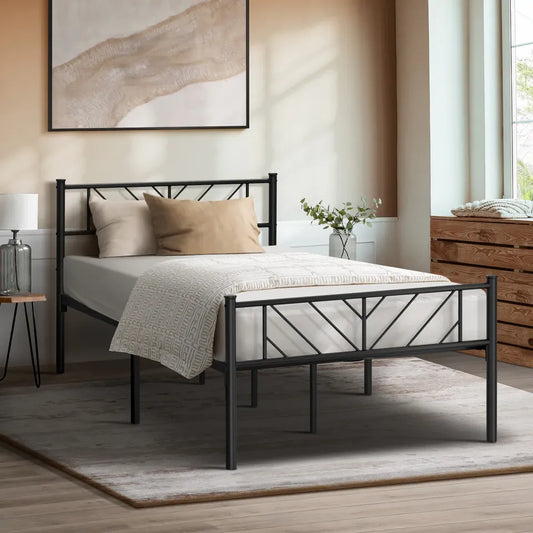 MBF-SIS-KS-BK Oikiture Metal Bed Frame King Single Bed Base Platform Black SIS