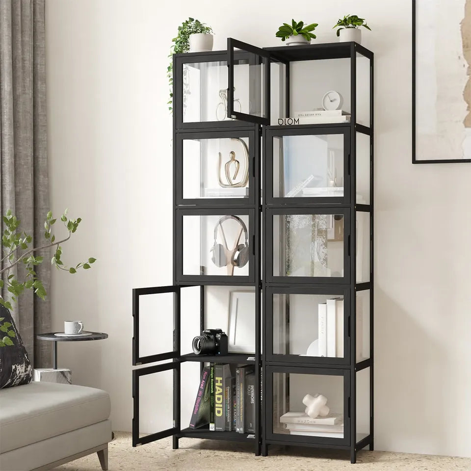 SB-DISPLAY-54SD-BK Oikiture Display Cabinet 5-Tier Slim Storage Shelves Clear Bookcase Rack Black