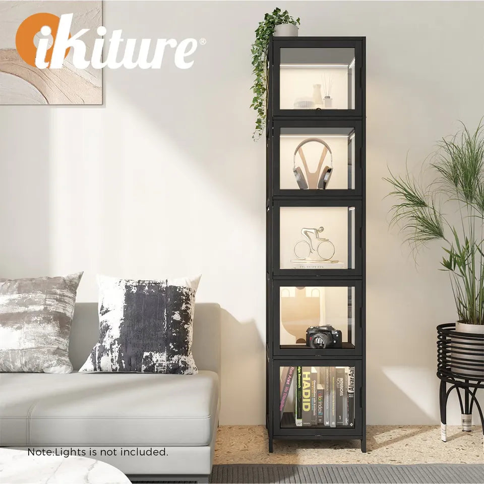 SB-DISPLAY-54SD-BK Oikiture Display Cabinet 5-Tier Slim Storage Shelves Clear Bookcase Rack Black